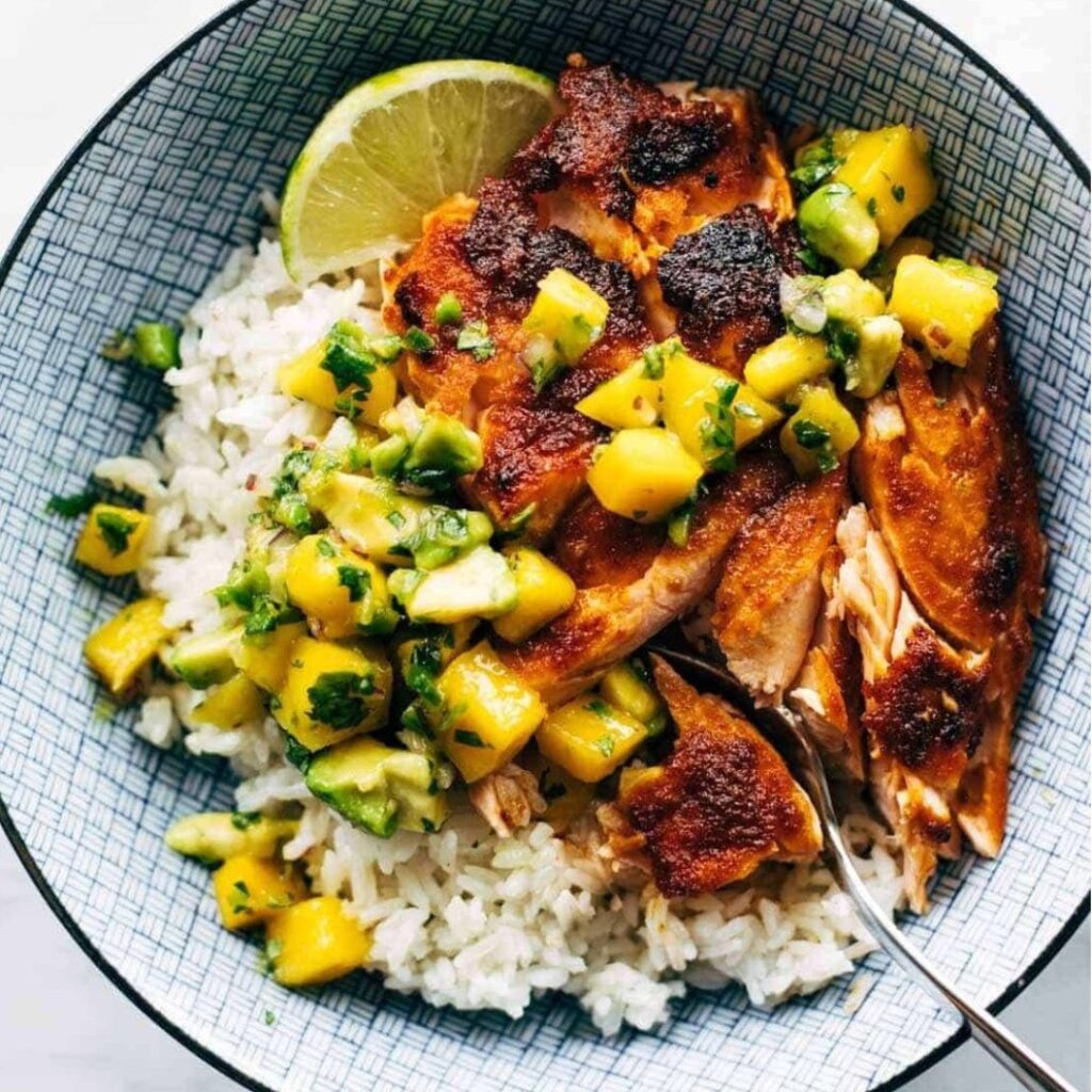 BBQ Salmon Bowls with Mango Avocado Salsa - Featured