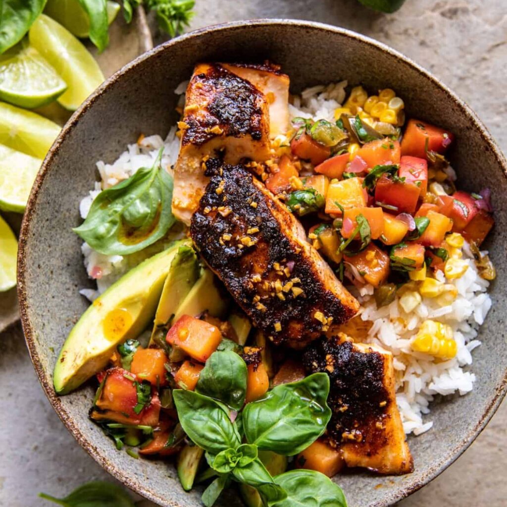 Crispy BBQ Salmon Bowls with Roasted Jalapeño Peach Salsa - Featured