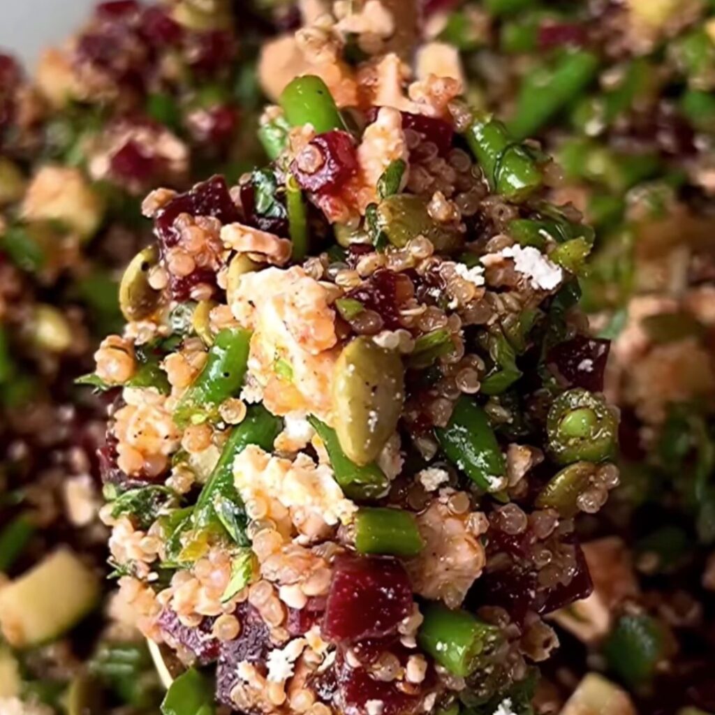 Crunchy beet, goat cheese & quinoa salad with lemon dijon paprika dressing - Featured