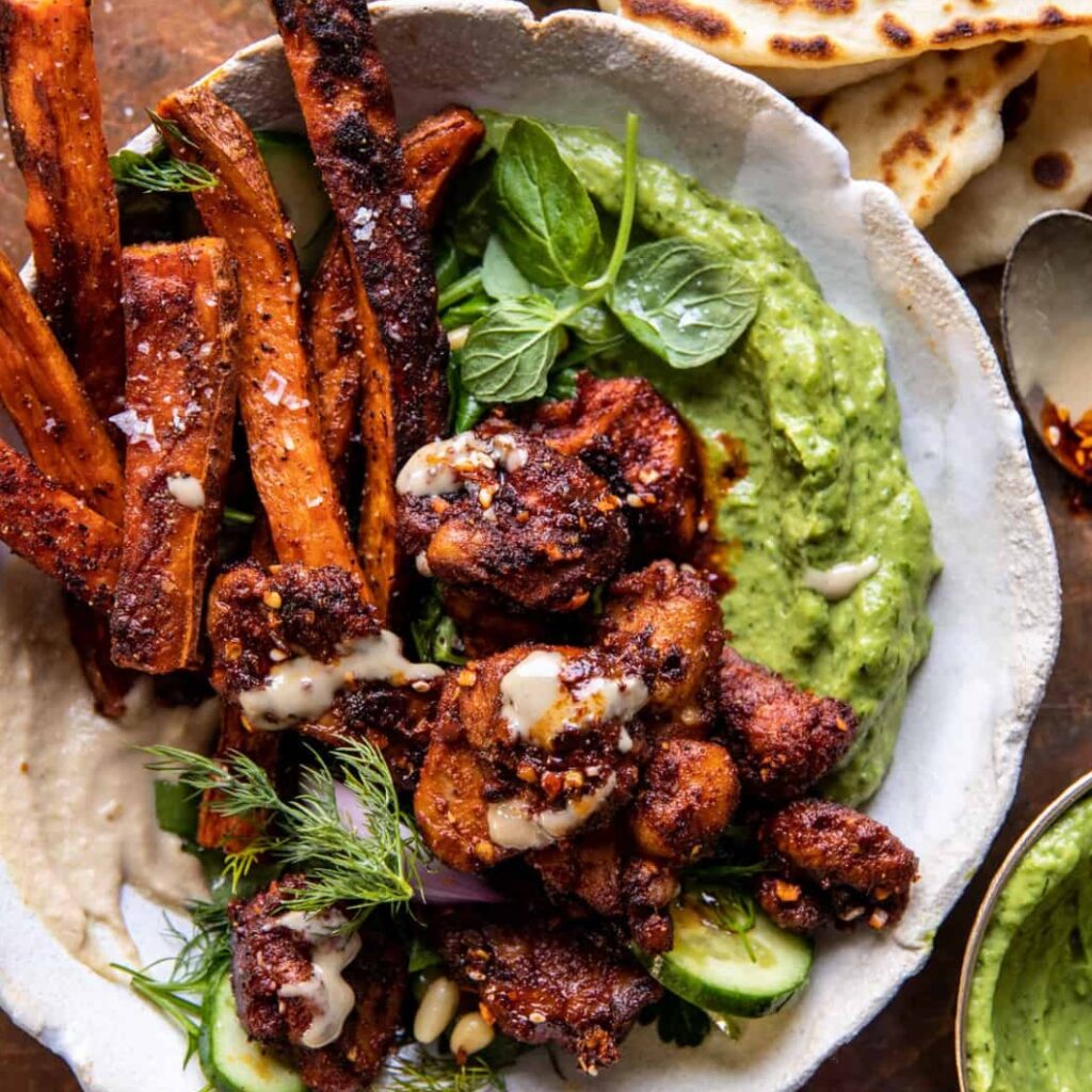 Sheet Pan Lemon Chicken with Sweet Potatoes and Avocado Goddess Sauce - Featured