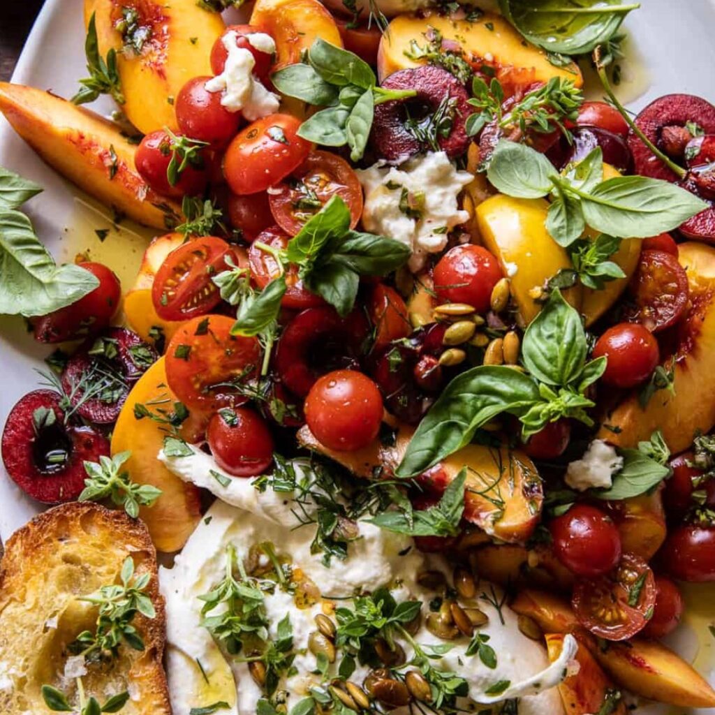Tomato, Peach, and Burrata Salad - Featured